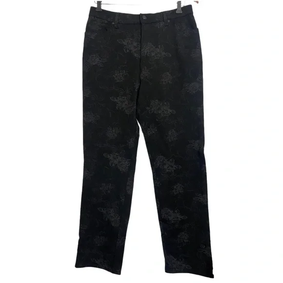 Gloria Vanderbilt Amanda Pointe Slimming Straight Leg Pants Black Floral Size 12 - Picture 1 of 7
